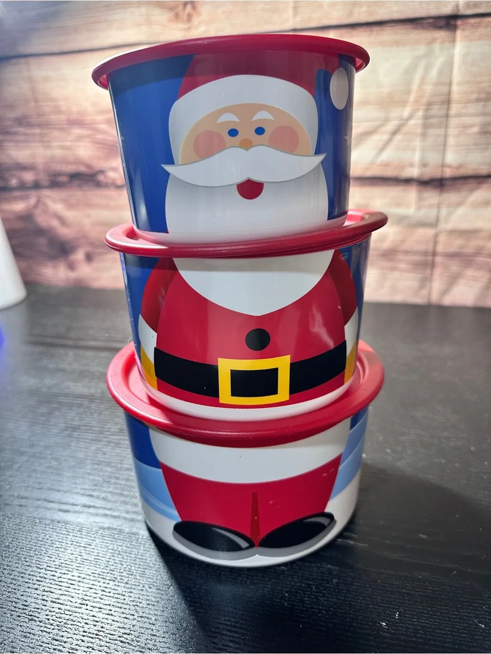 Tupperware Christmas Santa Claus Stacking Snowman 3 Piece One Touch Canister Set